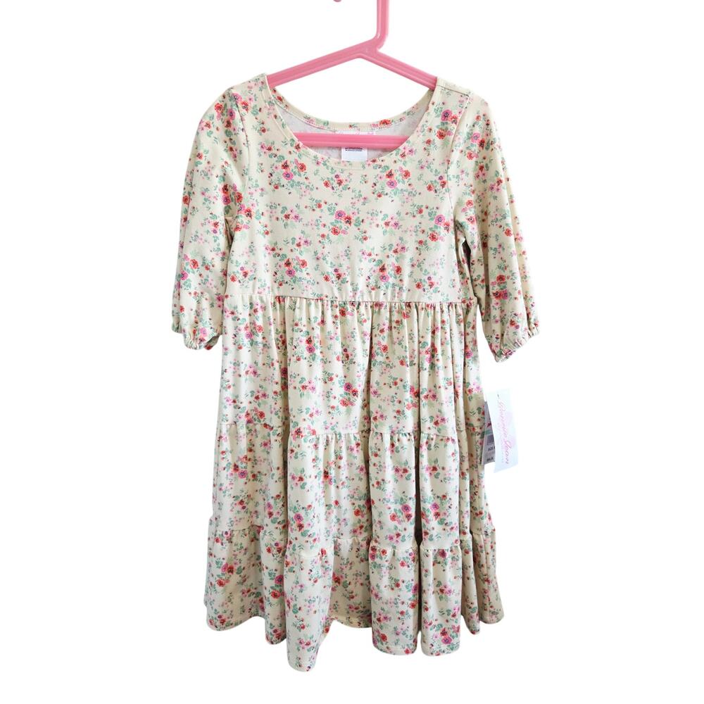 BONNIE JEAN Girl's Floral Tiered Dress 3/4 Sleeve Cotton Knit Size 8 Cottagecore